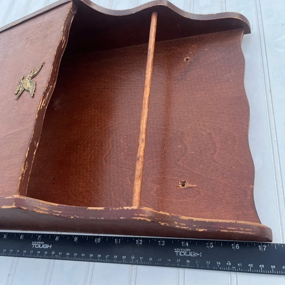 Vintage Wood Wall Mail Organizer Towel Rack Brass Eagle Emblem Brown Americana